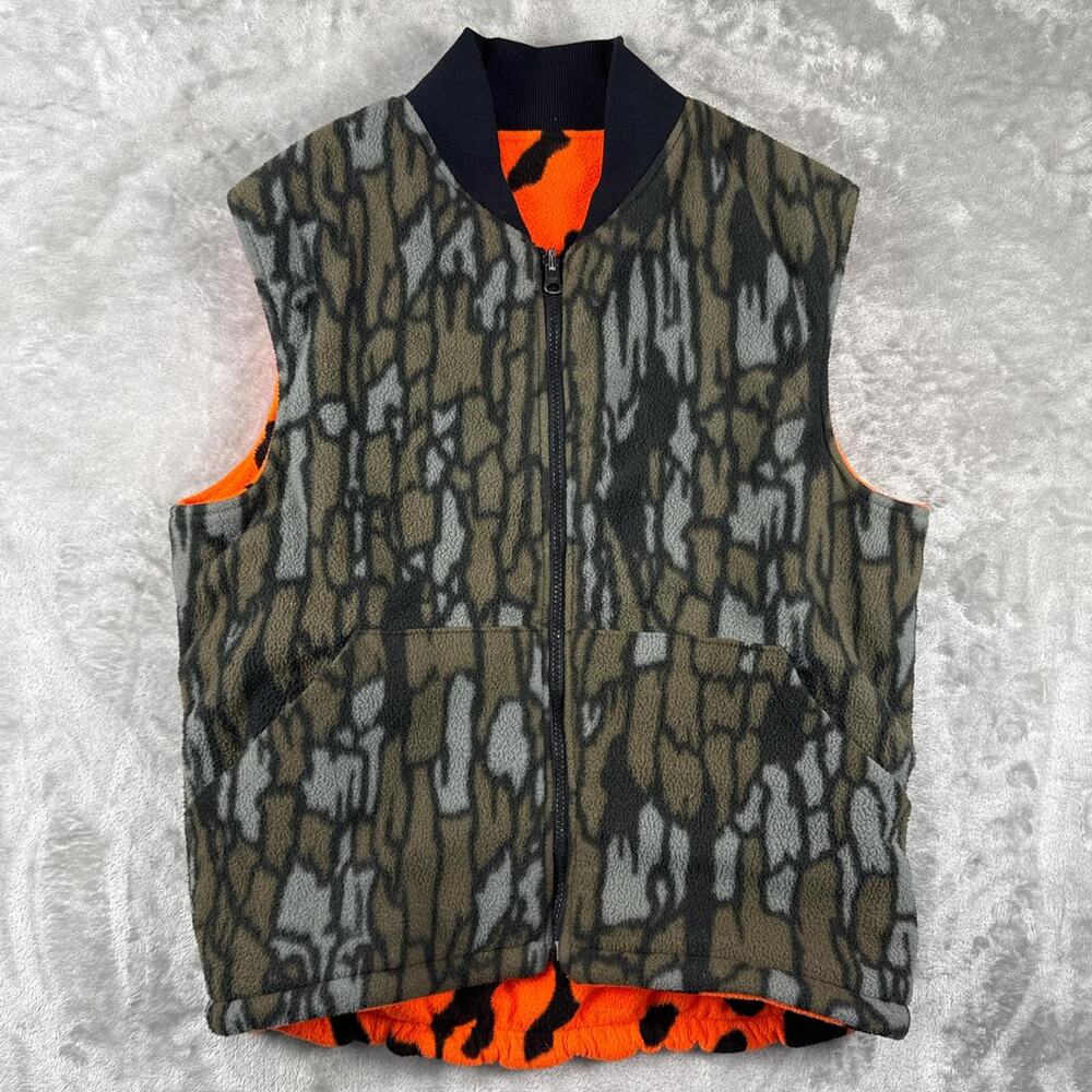 Vintage Cabelas Reversible Hunting Vest Camo Orange Brown Size Large.
